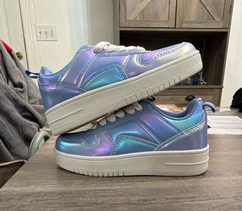 Toddler Girls Blue Iridescent Metallic Lace-Up Sneakers Size 12